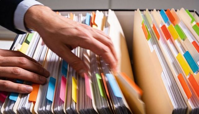 Business hands sorting color-tabbed manila folders in organized office filing drawer