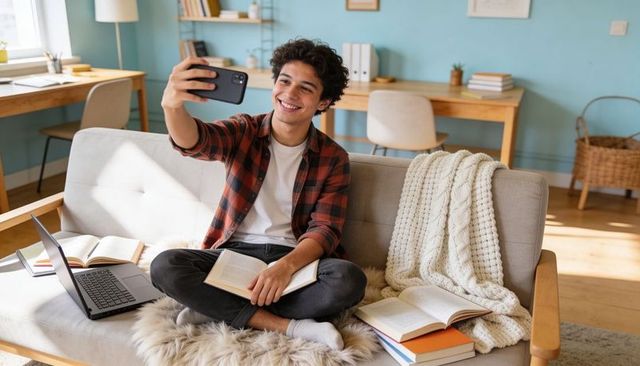 Smiling teen taking selfie on sofa with laptop and books in sunlit cozy home