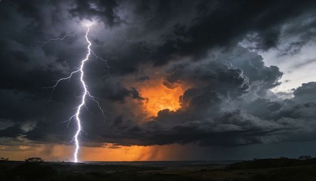 Lightning Striking Over Rural Fields with Orange Storm Core at Sunset
