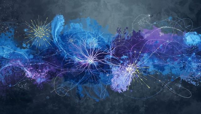 Radiating neural bursts connecting with glowing filaments across deep blue abstract canvas