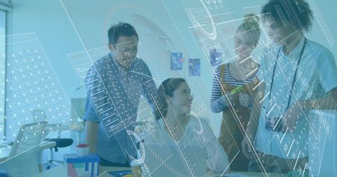 Financial Data Interface with Diverse Team Collaborating in Modern Office