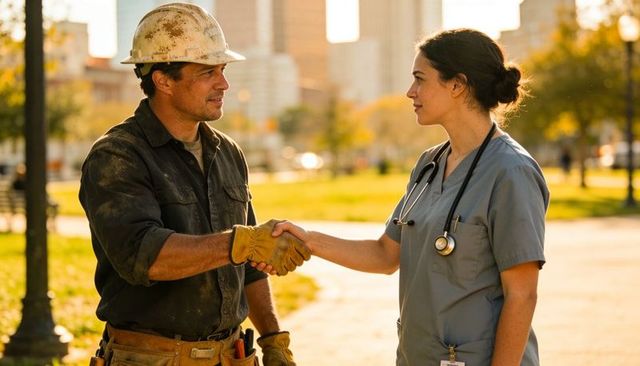 Construction worker and nurse shaking hands in city park at golden hour showing teamwork