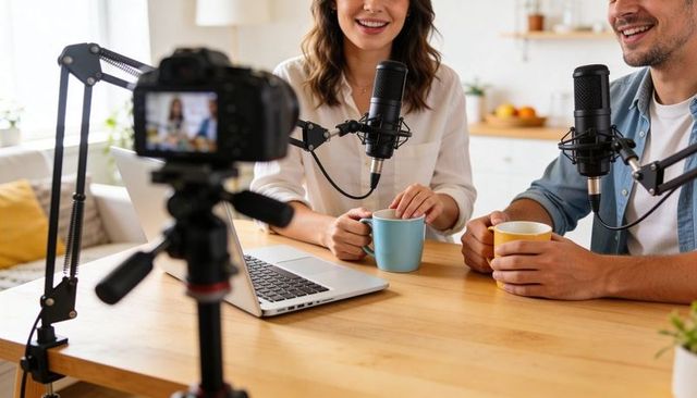 Co-hosts recording casual kitchen podcast with professional microphones, camera, laptop