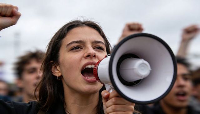 Young woman leading protest with megaphone, chanting for change and raising fist in crowd