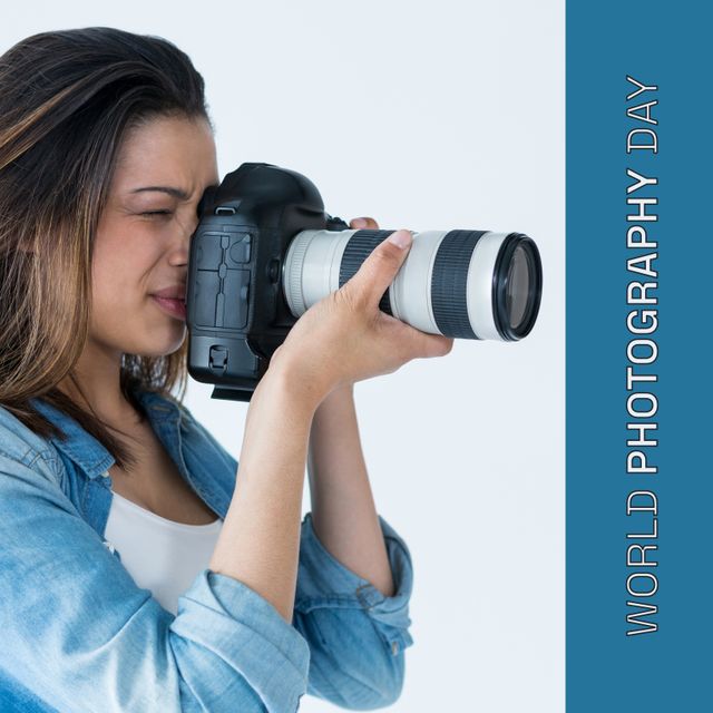 Female Photographer Celebrating World Photography Day with Camera - Download Free Stock Templates Pikwizard.com