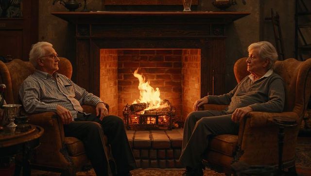 Elderly Couple Enjoying Warm Fireplace in Cozy Living Room
