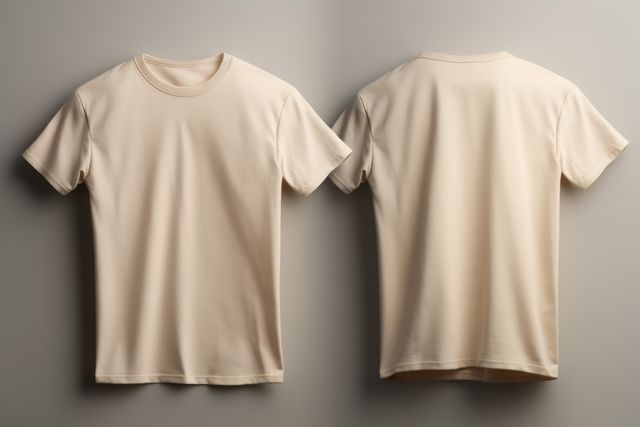 White tshirts with copy space on white background, created using generative ai technology. Clothing, texture, material, digitally generated image.