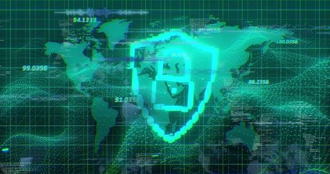 Glowing Pixel Shield Protecting Global Network on Holographic Cybersecurity Dashboard