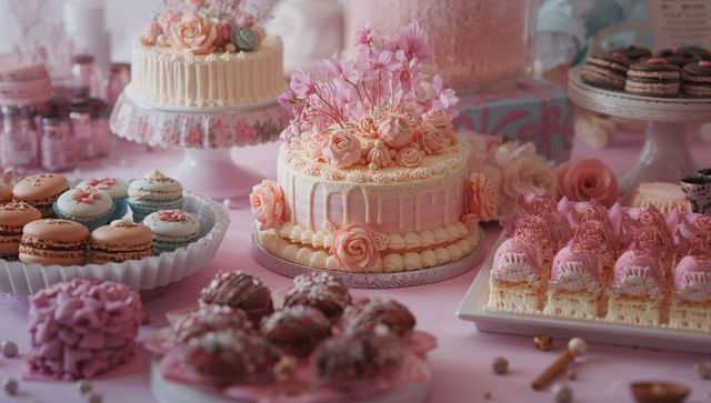 Exquisite Confectionery Display with Floral Cake and Desserts