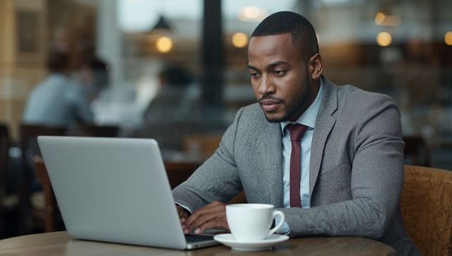Focused businessman working on laptop in coffeehouse wearing suit and tie for remote work
