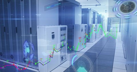 Futuristic server room with financial data visualization