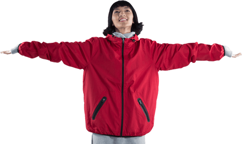 Transparent image of smiling woman in red jacket with arms outstretched