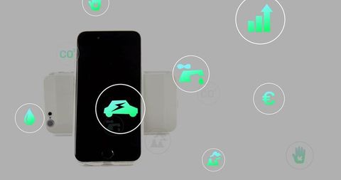 Smartphone EV app mockup displaying electric car icon with eco dashboard overlays