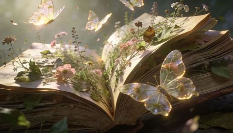 Antique botanical tome blooming with pressed flowers and iridescent butterflies