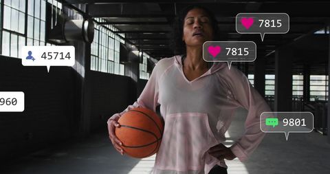 Tired Woman Holding Basketball in Urban Gym Setting with Social Media Icons