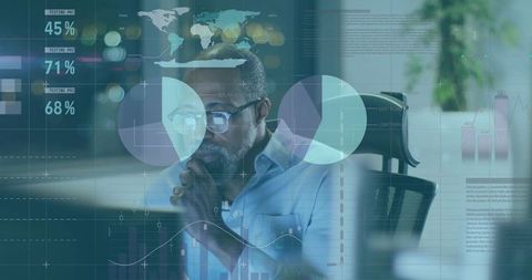 Business Analyst Deeply Engaged in Computer Data Charts at Night Office