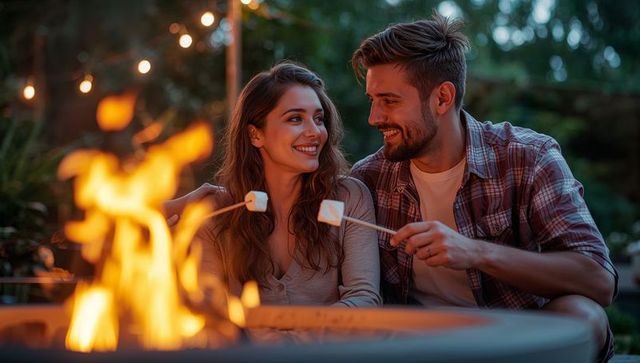 Romantic couple roasting marshmallows outdoors by fire pit