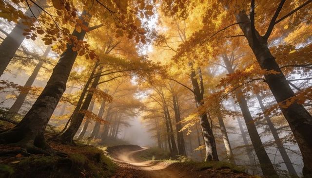 Golden canopy curving over winding misty forest trail with autumn light and mossy roots