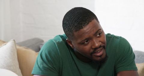 Casual Conversation African American Man Comfortable Sofa Home Interior