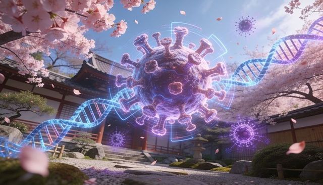 Holographic virus orb hovering over japanese zen garden with dna helix and cherry blossoms
