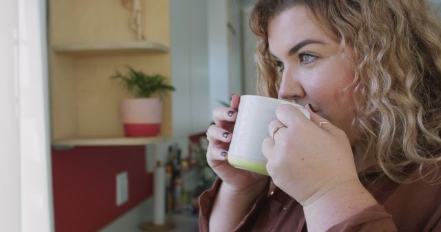 Caucasian woman drinking coffee in kitchen and looking away. domestic life, spending free time relaxing at home.