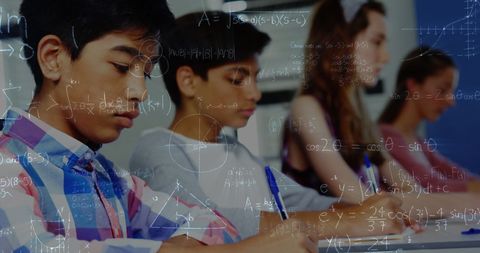 Diverse Students Studying Math Concepts with Digital Overlay - Download Free Stock Images Pikwizard.com