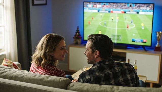 Couple watching soccer match on sofa at home during cozy christmas evening with trophy