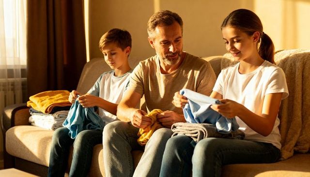 Dad folding laundry with son and daughter on sofa, sunlit cozy family bonding moment