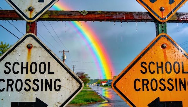 Worn school crossing signs dripping rainwater framing vibrant double rainbow over road