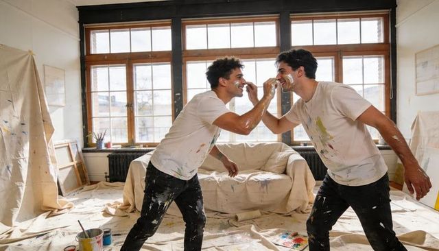 Playful home painting session two friends smearing paint on each other in sunlit loft