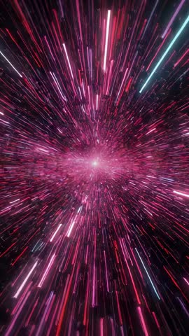 Vertical video: Pulsating cosmic core releasing neon streaks through warp-speed star tunnel