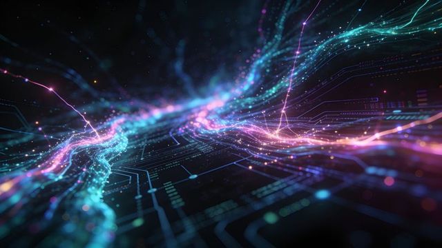 Streaming luminous data ribbons weaving over futuristic circuit grid with neon sparks