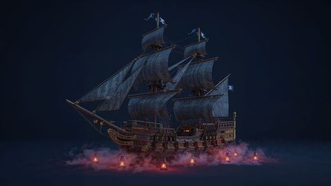 Mystical pirate ship gliding in ethereal misty darkness