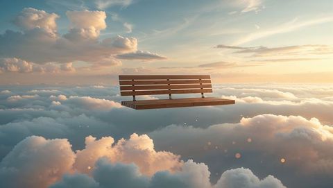 Floating wooden bench above clouds at sunrise, dreamy atmosphere