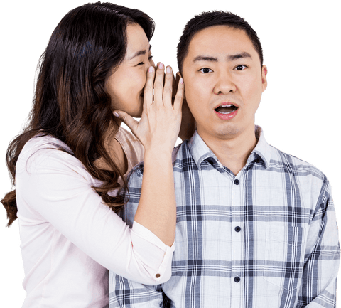 Woman Whispering Secret to Surprised Man on Transparent Background