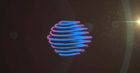 Floating 3d neon ribbon sphere rotating in dark studio with lens flare and bokeh