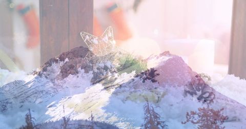 Magical Christmas Mountain Overlaid with Festive Home Interior - Download Free Stock Images Pikwizard.com