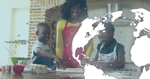 Family baking together with kids kneading dough in rustic kitchen with global map overlay