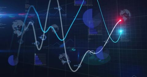 Futuristic analytics dashboard showing glowing trendlines, nodes, pie charts, global map