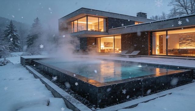 Modern mountain lodge with heated infinity pool and warm interior lighting at snowy dusk