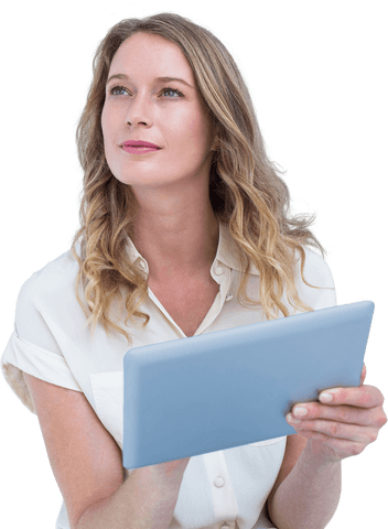 Thoughtful Woman Using Tablet with Transparent Image Effect - Download Free Stock Videos Pikwizard.com