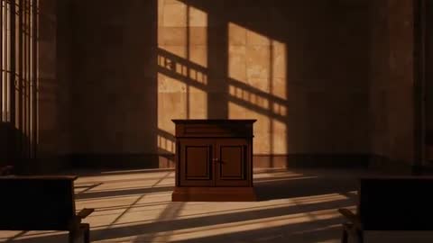 Sunlit Chapel Lectern Casting Long Mullioned Shadows Across Stone Floor at Golden Hour