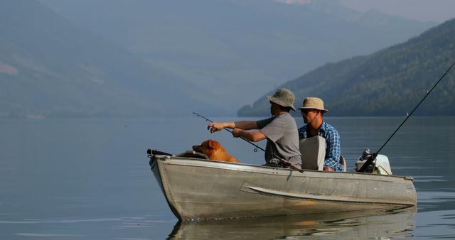 Two middle-aged men enjoy a peaceful fishing trip on a serene lake, with a dog accompanying them, with copy space. Their relaxed posture and the calm waters reflect a moment of leisure and connection with nature.