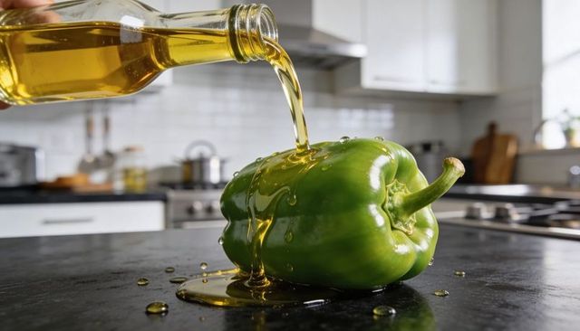 Pouring olive oil coating green bell pepper on shiny kitchen countertop