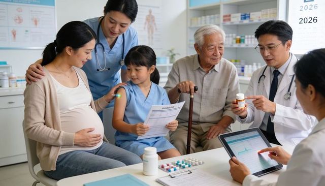 Family receiving clinic consultation with doctors reviewing prescription on tablet