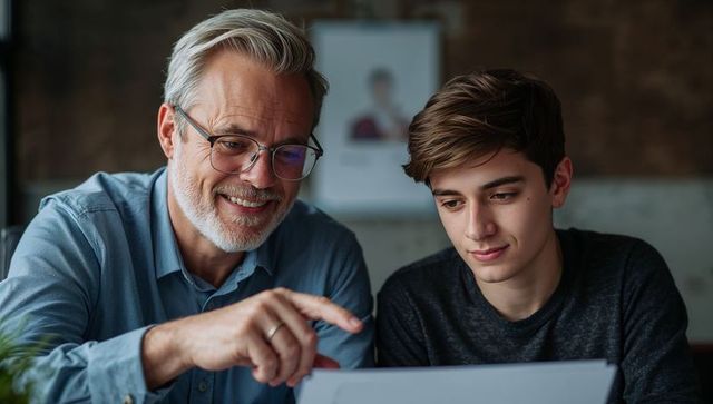 Older mentor guiding teen through documents during focused home study and tutoring