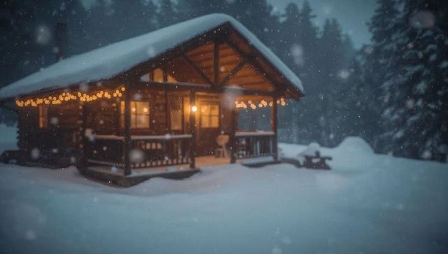 Glowing Rustic Log Cabin in Snowy Forest at Twilight with Fairy Lights and Soft Snowfall