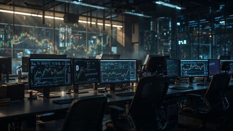 Modern online trading room with multiple monitors displaying market charts