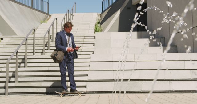 Caucasian businessman skateboarding behind fountain and using smartphone on sunny day. hanging out at skatepark in summer.