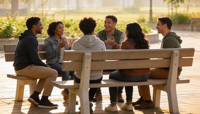 Laughing diverse friends chatting on park benches during sunny casual outdoor meetup